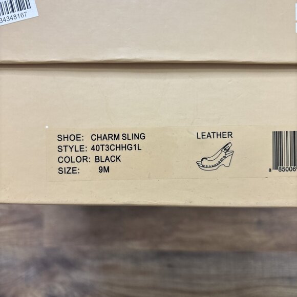 Michael Kors Black Platform Wedges Open Toe Slingback Shoes Size 9 Charm Logo - Picture 12 of 16